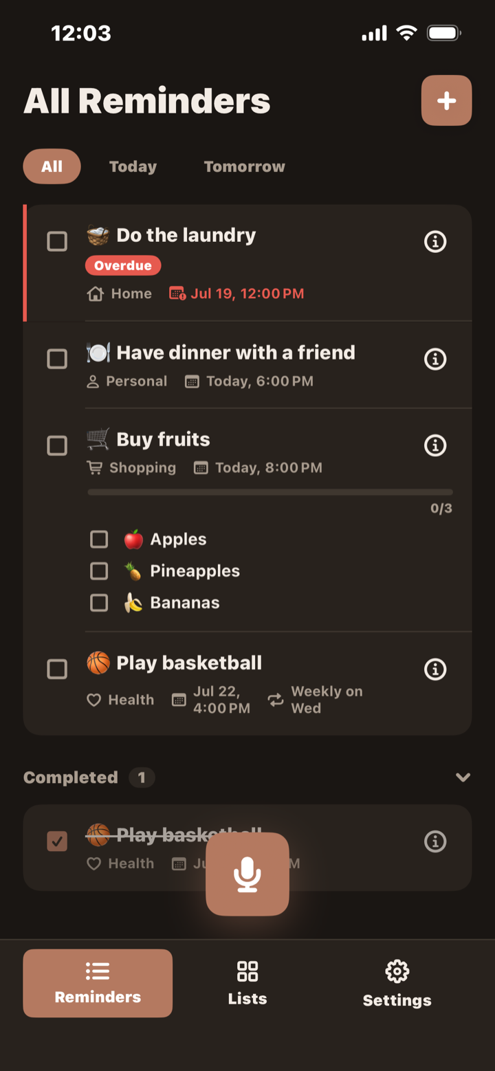 Remi home screen showing the All Reminders list
